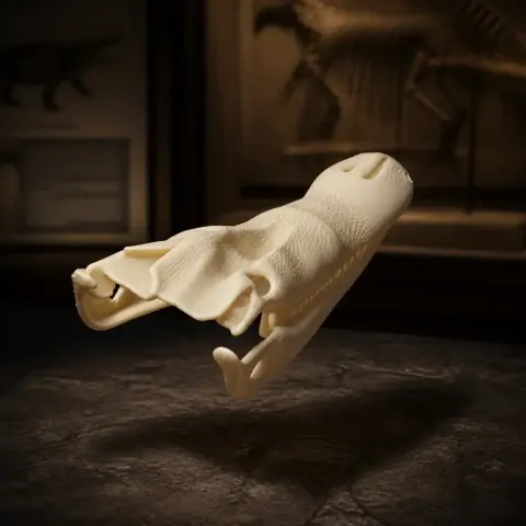 3D-printed replica of a Cuban crocodile skull displayed on a textured surface in a dimly lit room.