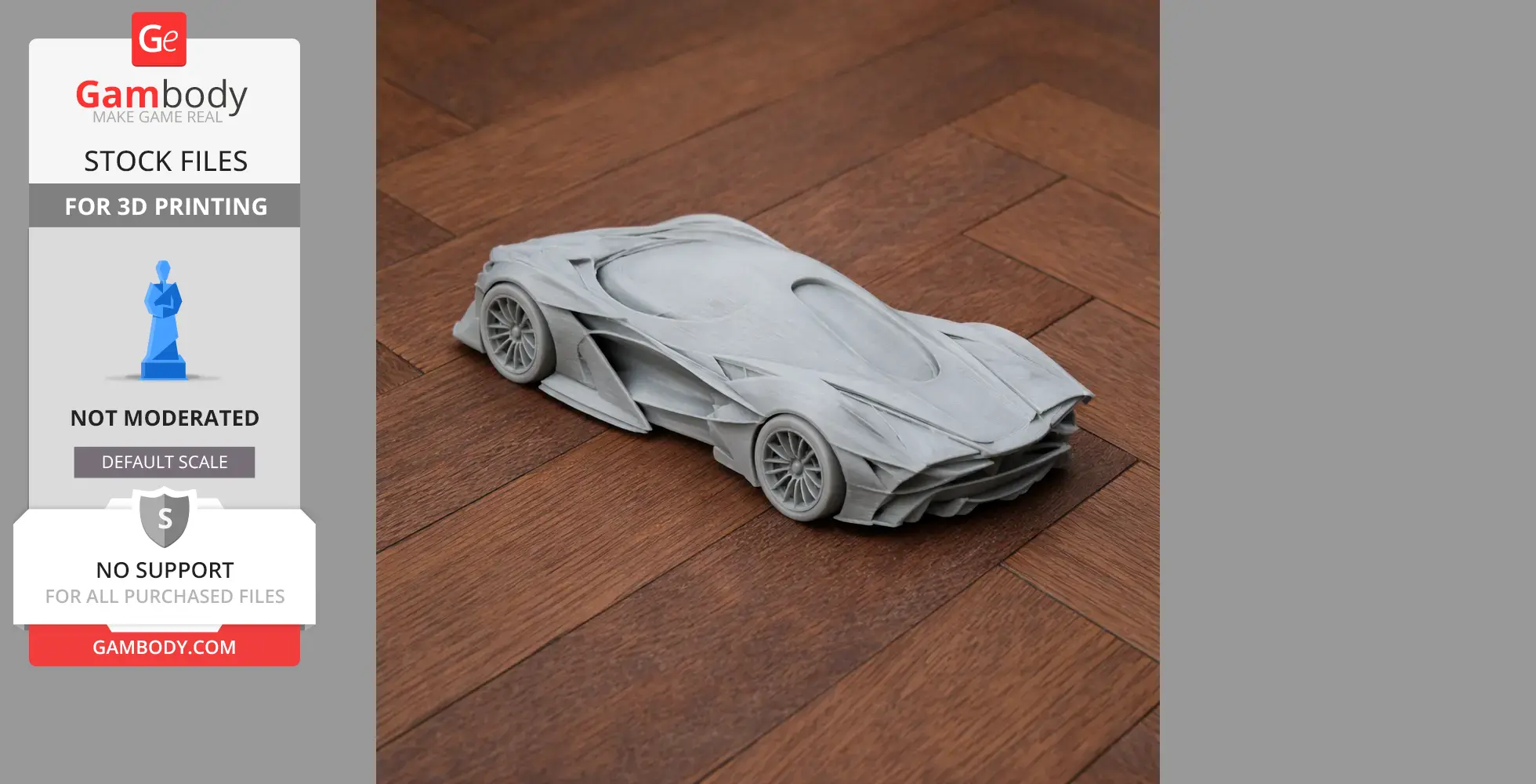 3D printed model of a sleek, futuristic sports car on a wooden floor.