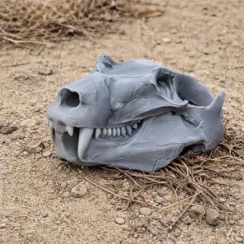 Gray 3D-printed Cynognathus skull replica resting on dirt and dry grass.