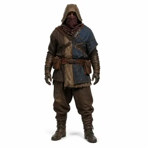 Hooded figure in patchwork clothing, fully covered, standing with arms by sides.