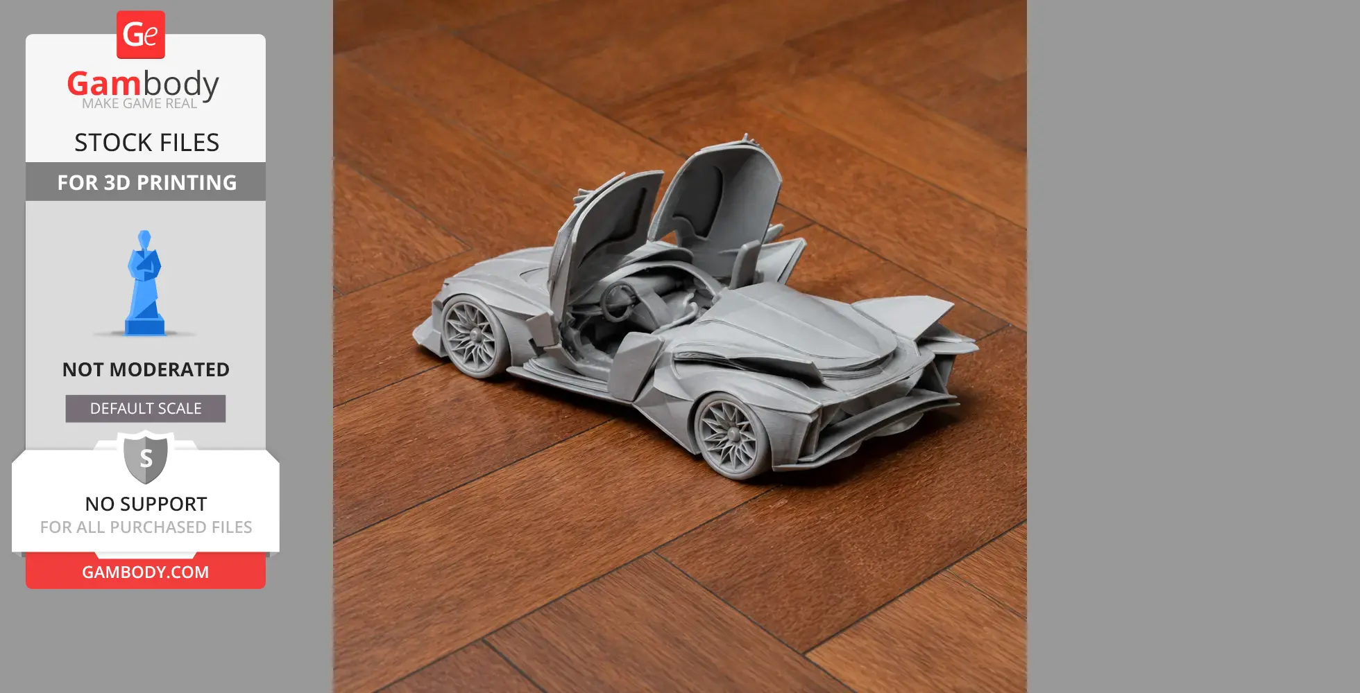 A detailed 3D printed model of a sleek car with open doors, displayed on a wooden surface.