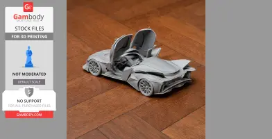 A detailed 3D printed model of a sleek car with open doors, displayed on a wooden surface.