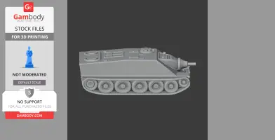Gray 3D model of a tank with distinct tracks and turret, shown on a dark background.