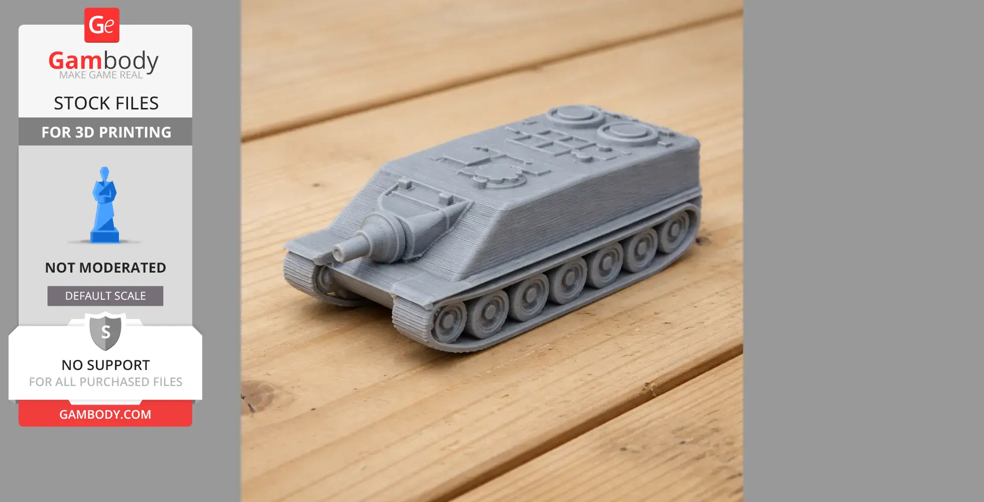 A grey 3D printed model of a Lorraine assault tank on a wooden surface.