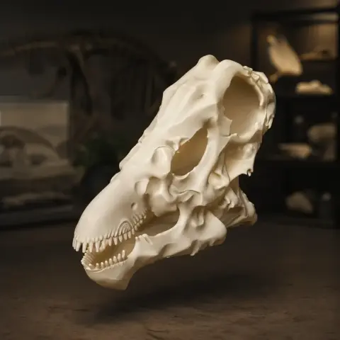 3D-printed Dacentrurus skull replica displayed in a dimly lit room with shelves in the background.