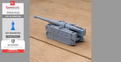 3D-printed model of a Canon de 194 GPF tank with detailed tracks and barrel, on a wooden surface.