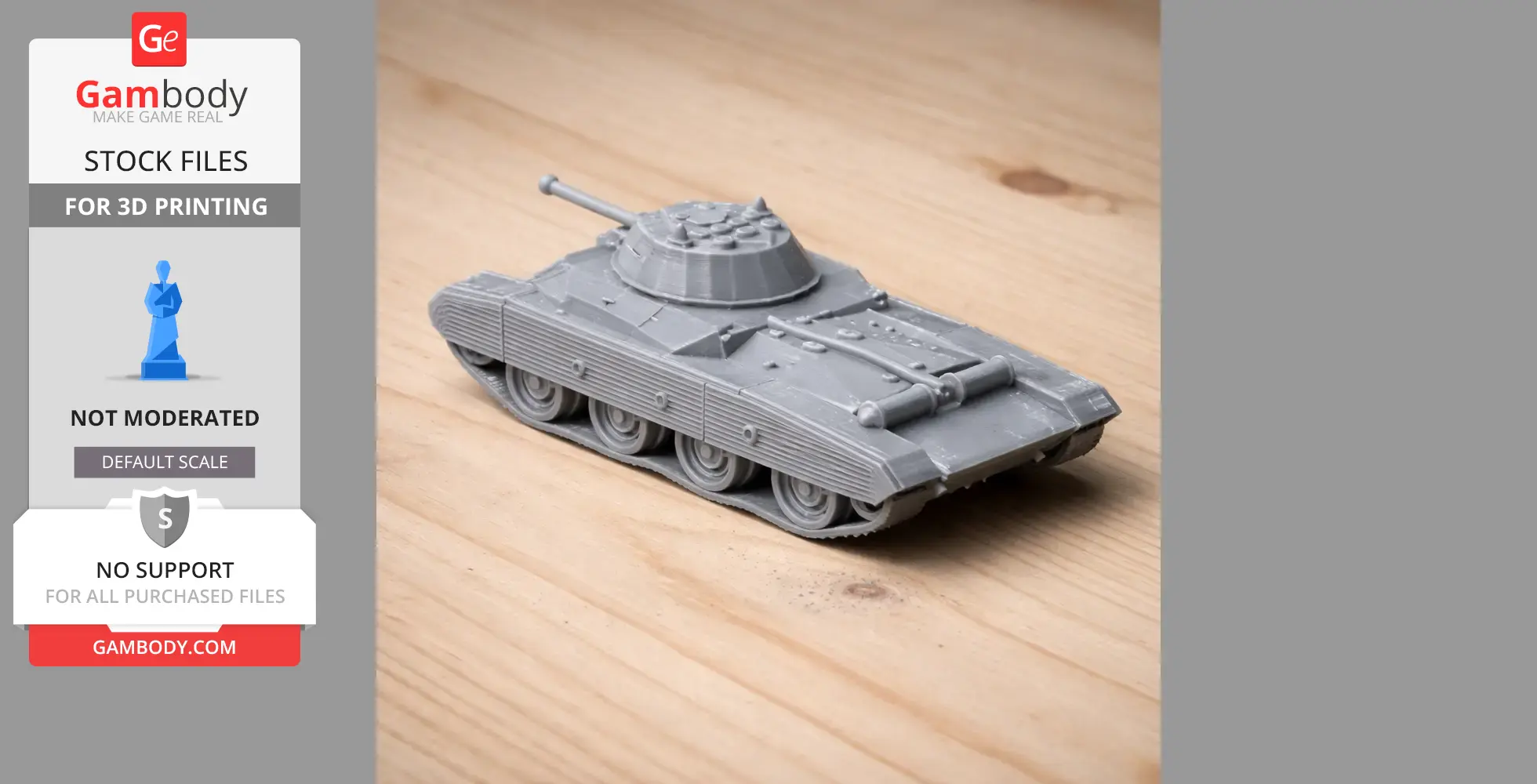 3D-printed model of the Carro Armato Celere Sahariano tank, gray plastic, on a wooden surface.