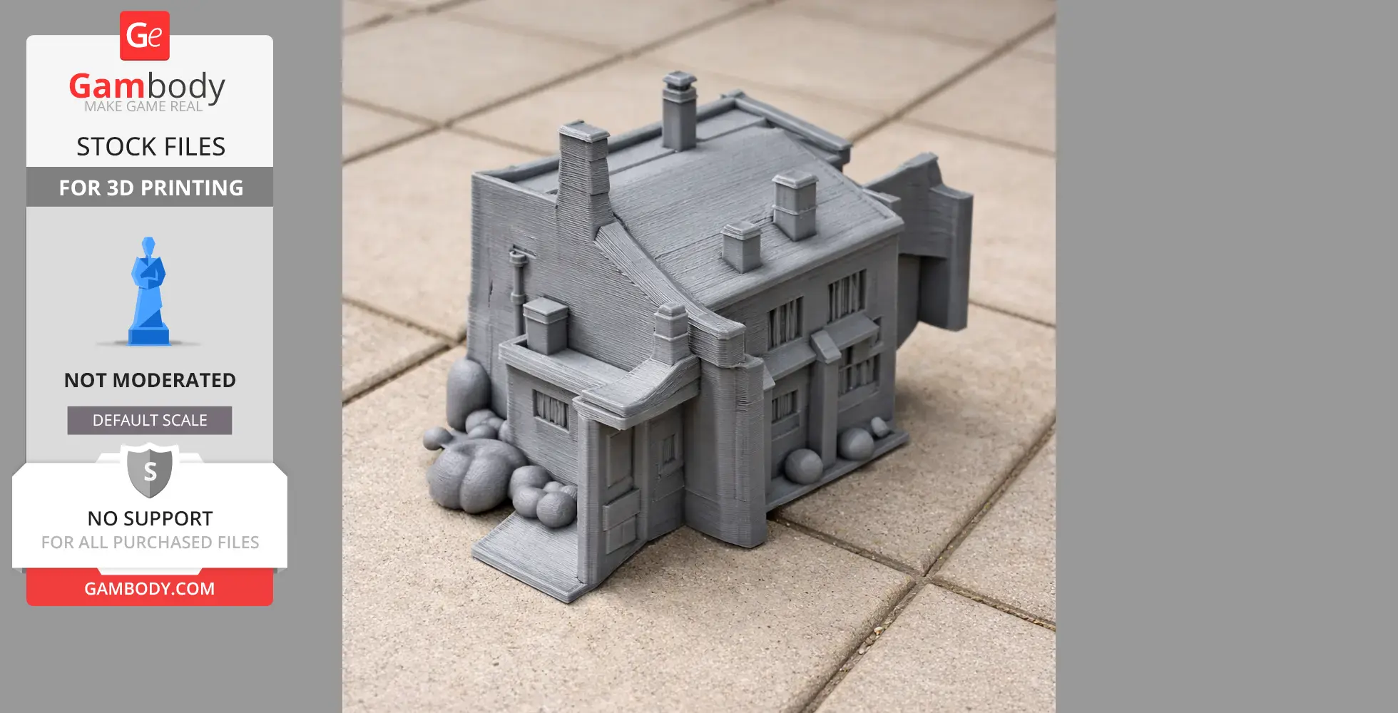 A gray 3D-printed model of Bickleigh Castle, featuring detailed architecture and chimneys.