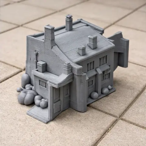Gray 3D-printed model of a cottage-like building with chimneys, on a tiled surface.
