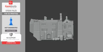 3D model of Bickleigh Castle architecture, featuring detailed facade with chimneys and arched doorway.