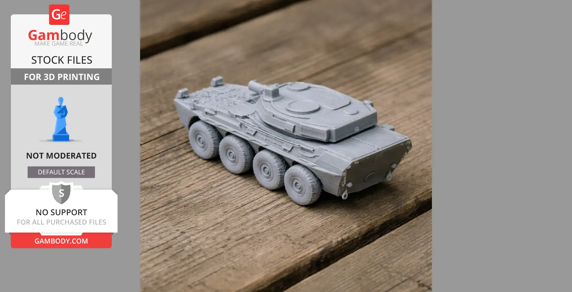 Gray 3D-printed model of a Centauro tank destroyer with eight wheels on a wooden surface.
