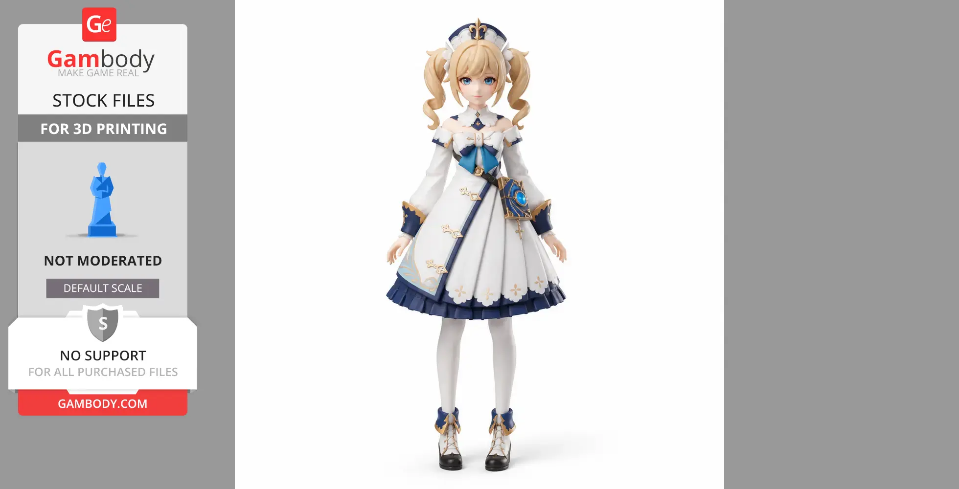 Blonde anime figure in blue and white outfit with ribbons, from Genshin Impact, ready for 3D printing.