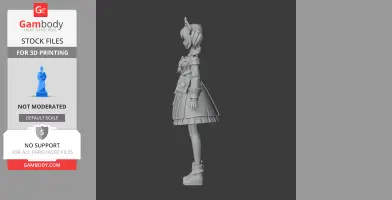 Side view of a 3D model of a character in a dress with long hair and headpiece, suitable for 3D printing.