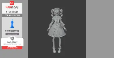Genshin Impact character figurine in detailed 3D model, wearing a dress with a book at the waist.