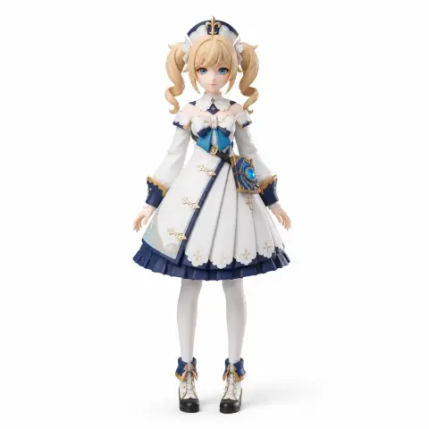A detailed 3D-printed figurine of a character in a blue and white outfit with blonde hair and pigtails.