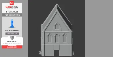 3D model of a chapel facade with arched windows and a peaked roof for printing.