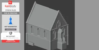 3D model of a chapel with a steep roof and arched windows, designed for 3D printing.