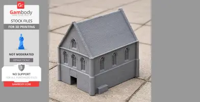 Gray 3D-printed model of a chapel with arched windows, pitched roof, and detailed textures.