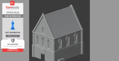 3D model of a chapel with Gothic windows and a steep roof, designed for 3D printing.