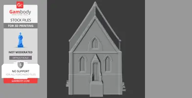 3D model of a chapel with pointed arches and a steep gabled roof, designed for 3D printing.