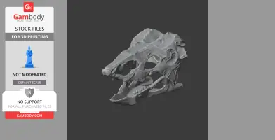 3D model of a Desmatosuchus skull, ready for 3D printing, displayed on a dark background.