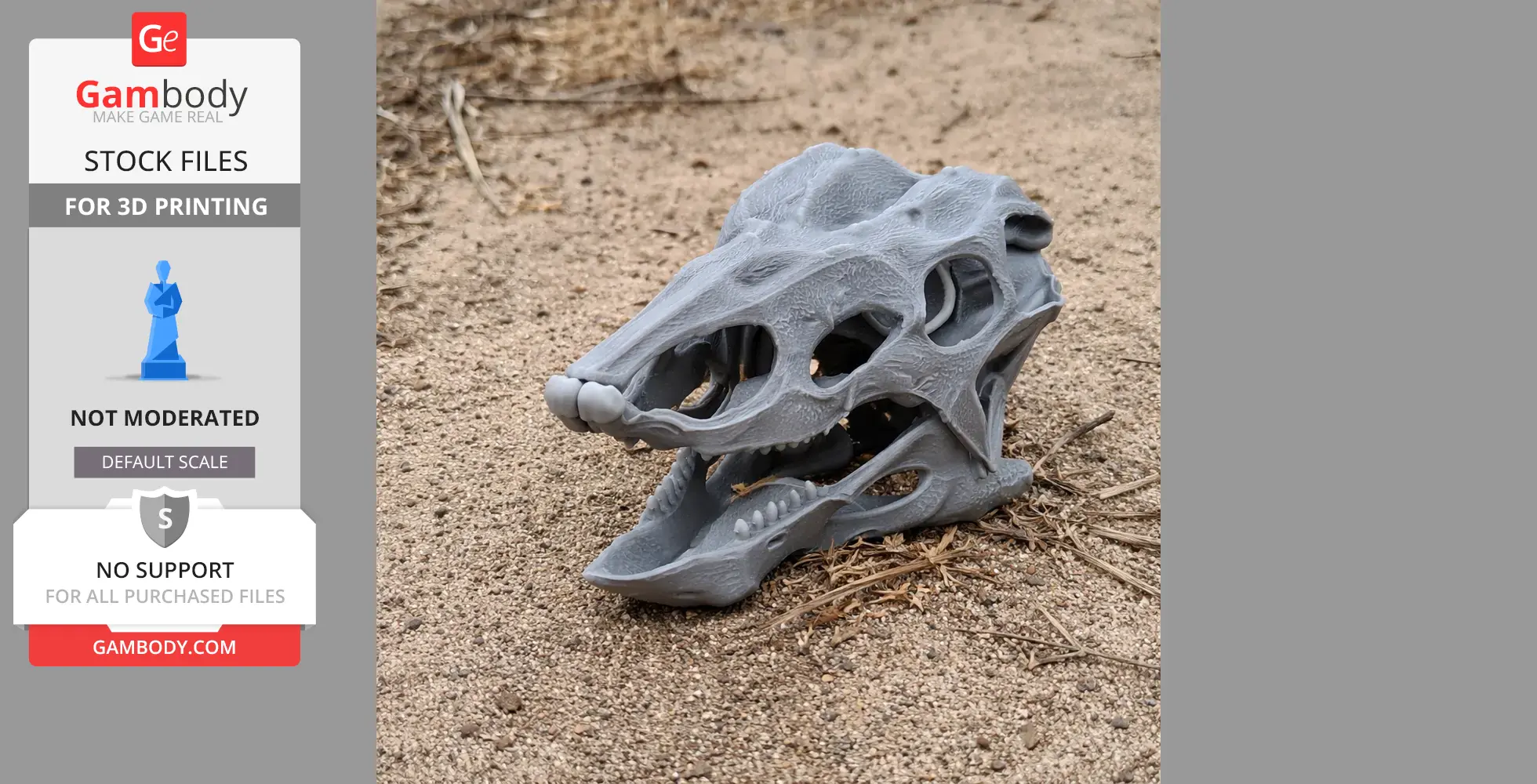 A detailed 3D-printed Desmatosuchus skull replica resting on sandy ground.