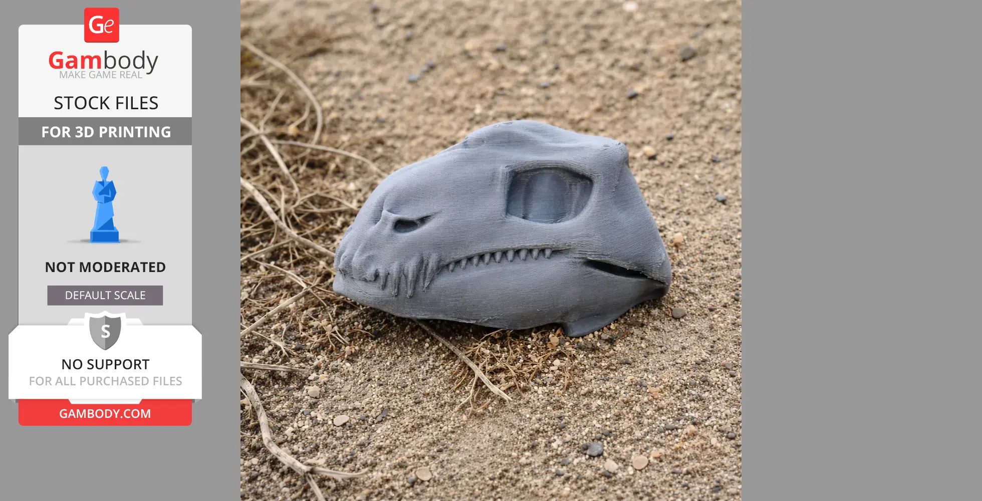 3D-printed Diadectes skull replica resting on sandy ground.