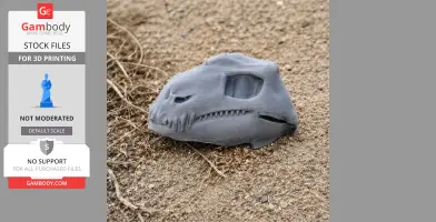 3D-printed Diadectes skull replica resting on sandy ground.