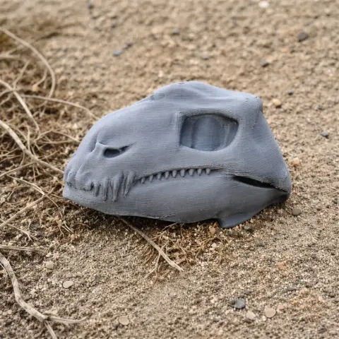 Gray Diadectes skull replica 3D model resting on sandy terrain and dry twigs.