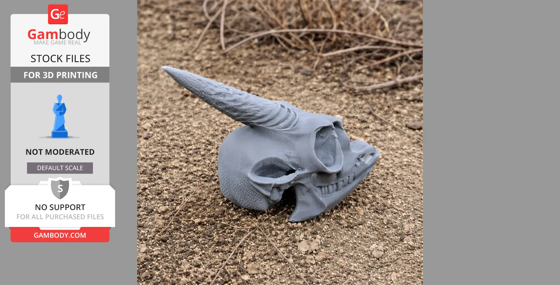 3D-printed dik-dik skull replica with long horn, gray color, placed on rough, sandy ground.