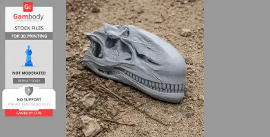3D-printed Dilophosaurus skull replica on rocky ground.