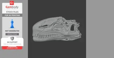 3D model of a Dilophosaurus skull replica, showing detailed bone structure for 3D printing.