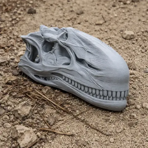 3D-printed Dilophosaurus skull replica lying on rocky ground.