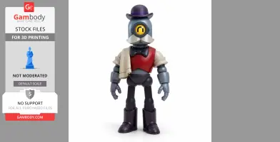A robot with a monocle, mustache, bowtie, and top hat, wearing a red and white outfit.