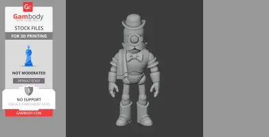 3D model of a robotic character with a top hat, monocle, mustache, and bow tie, ready for 3D printing.