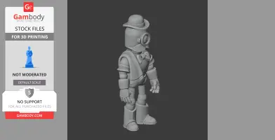 3D model of a bowler hat-wearing robot character with a bow tie, designed for 3D printing.