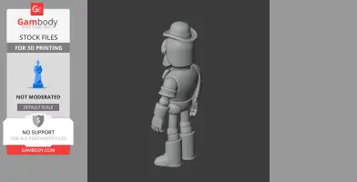 A 3D model of a humanoid robot with a bowler hat, viewed from the side, designed for 3D printing.