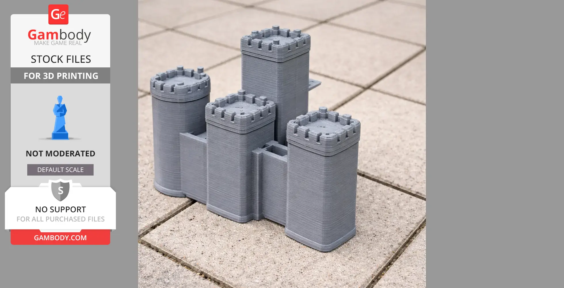 3D printed model of a castle with four cylindrical towers on a tiled surface.