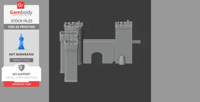 Gray 3D model of a castle gate with two towers, designed for 3D printing.
