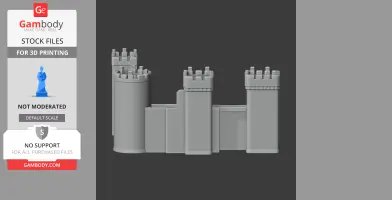 3D model of a medieval castle with cylindrical towers and crenellated walls.
