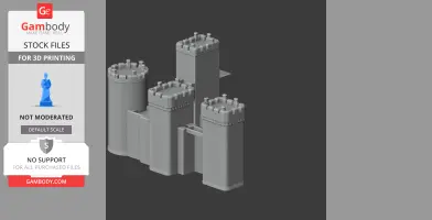A 3D model of a multi-tower castle with crenellations for 3D printing.