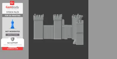 3D model of a medieval castle wall segment with three towers for 3D printing.