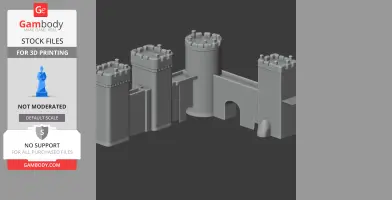 3D model of a medieval-style castle with towers and a central archway, designed for 3D printing.