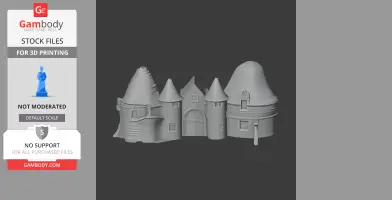 3D model of a small, detailed medieval-style castle with conical towers and archways. 