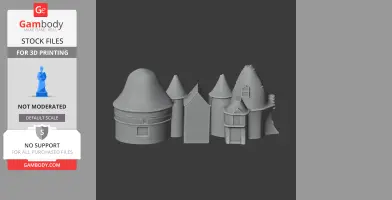 Gray 3D model of Bishopton Castle architecture for 3D printing, featuring conical towers and walls.