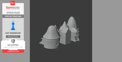 3D model of Bishopton Castle with conical roofs and a central tower, designed for 3D printing.