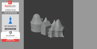 Gray 3D model of Bishopton Castle with conical towers and detailed structures for printing.