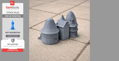 Gray 3D-printed model of Bishopton Castle with conical towers on a tiled surface.