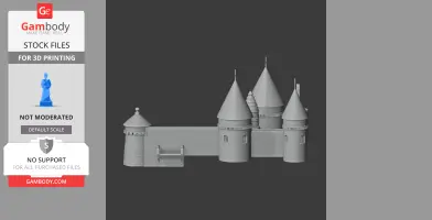 Gray 3D model of a medieval castle with conical towers and walls, ready for 3D printing.