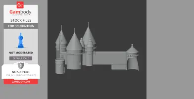 A detailed 3D model of a medieval castle with conical towers and arched structures.